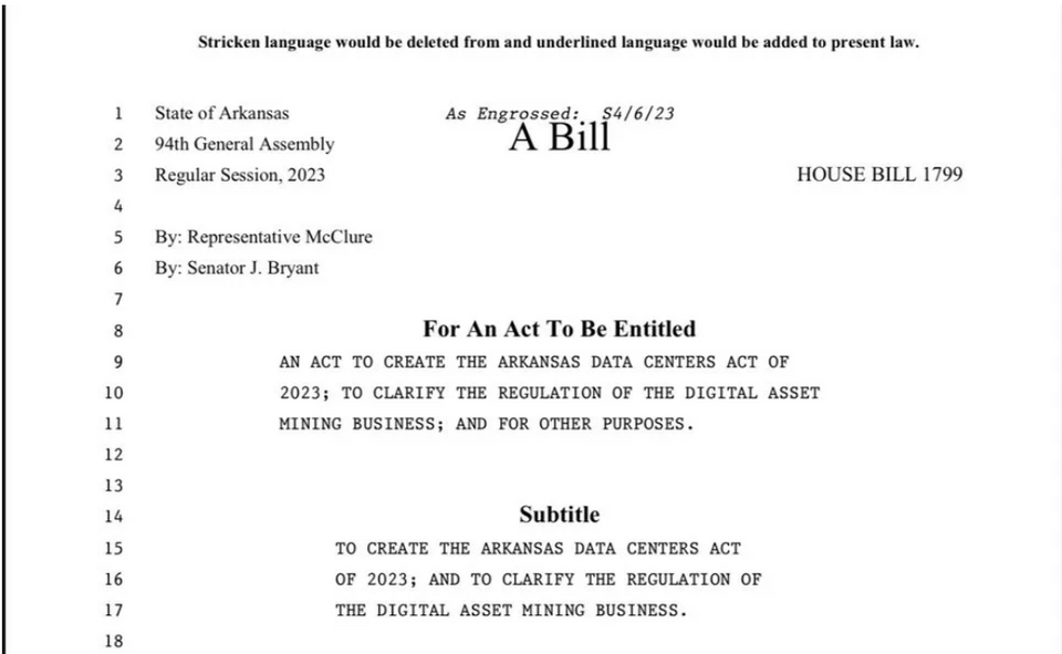 Arkansas Bitcoin Mining Bill Headed To Governor's Desk