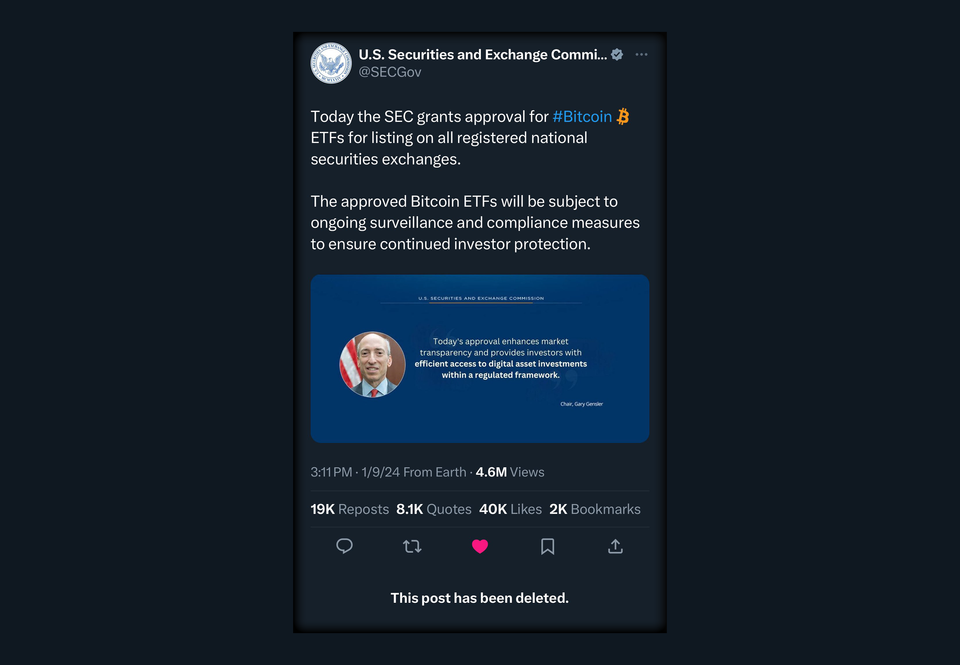 SEC's X Account Gets Hacked, Makes a Fake Bitcoin Spot ETF Announcement